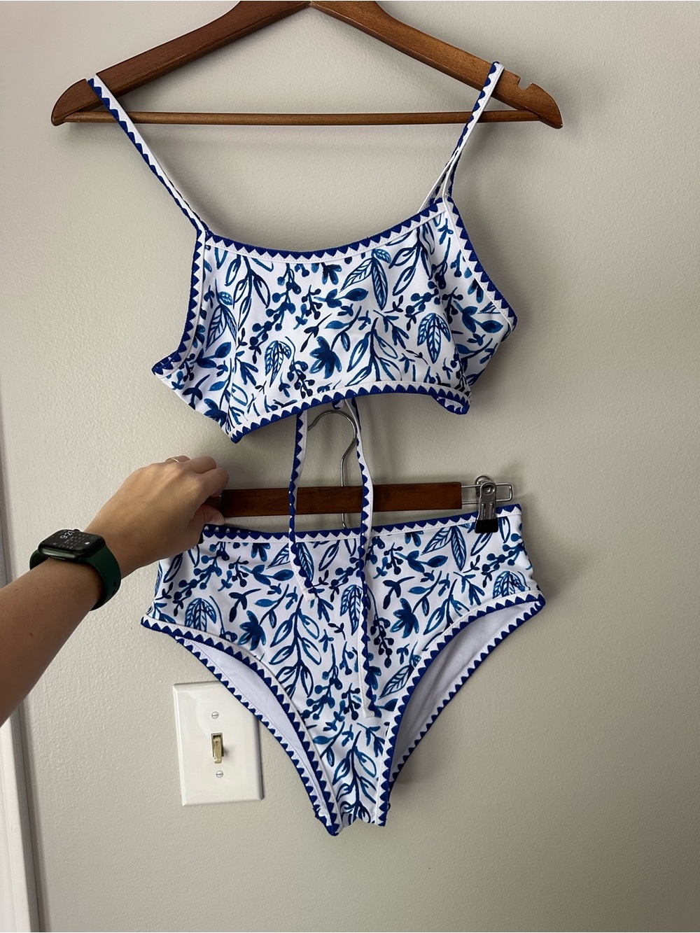 SHEIN White and Blue Printed High-Waist Bikini Set
